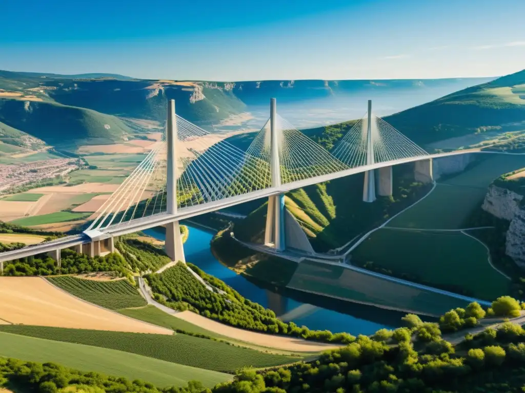 Vista impresionante del Viaducto de Millau en Francia, donde puentes icónicos combinan estilos en armonía con la naturaleza