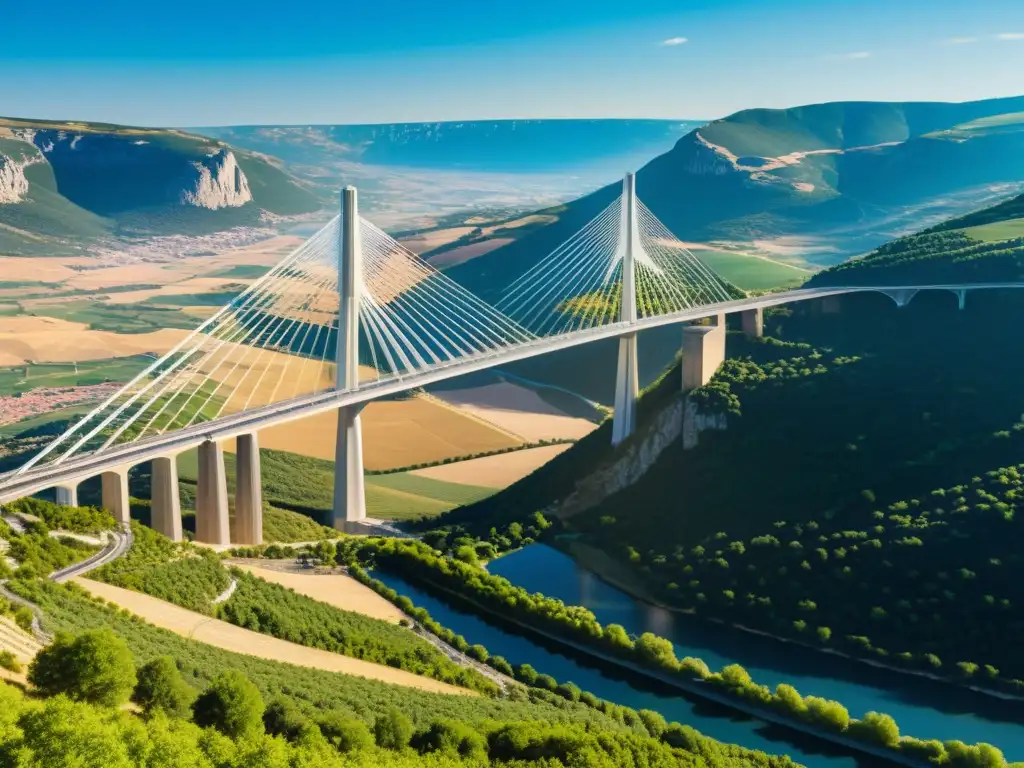 Vista impresionante del Viaducto de Millau en Francia, resaltando su diseño icónico y el valle