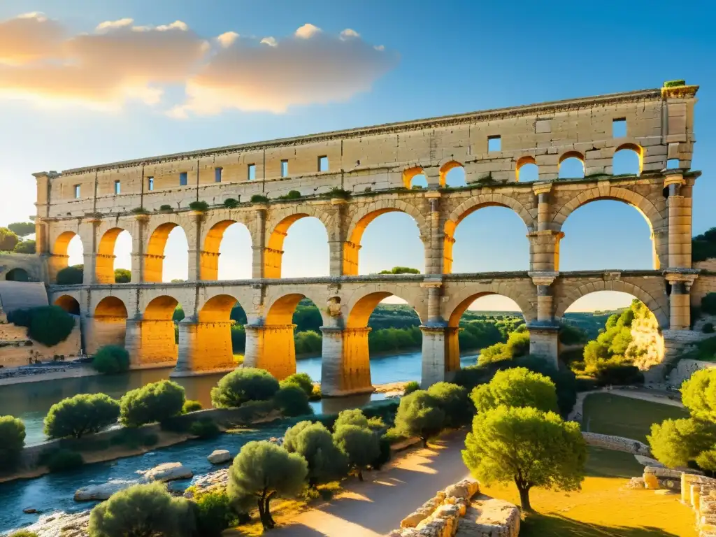 Vista increíble del Puente del Gard en realidad aumentada, bañado por la cálido luz del atardecer y rodeado de la naturaleza del río Gardon