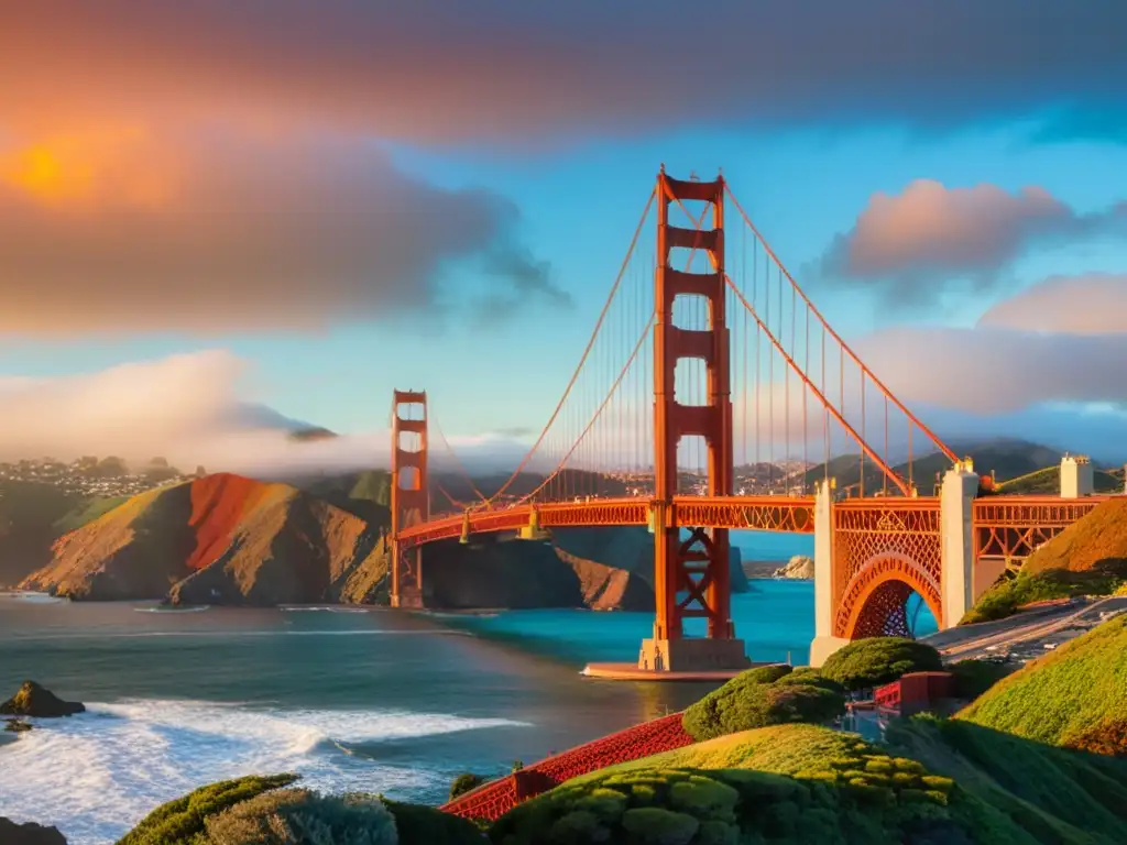 Vista mágica del atardecer en el puente icónico de San Francisco