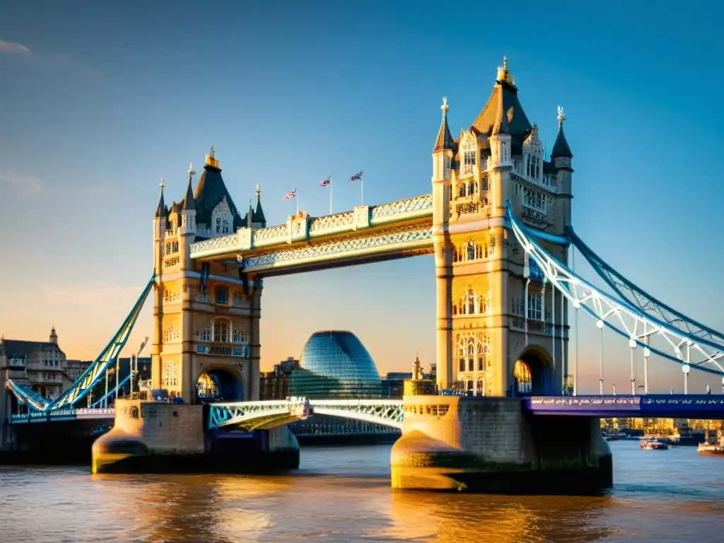 Vista majestuosa del emblemático Tower Bridge en Londres al atardecer, reflejándose en el río Támesis