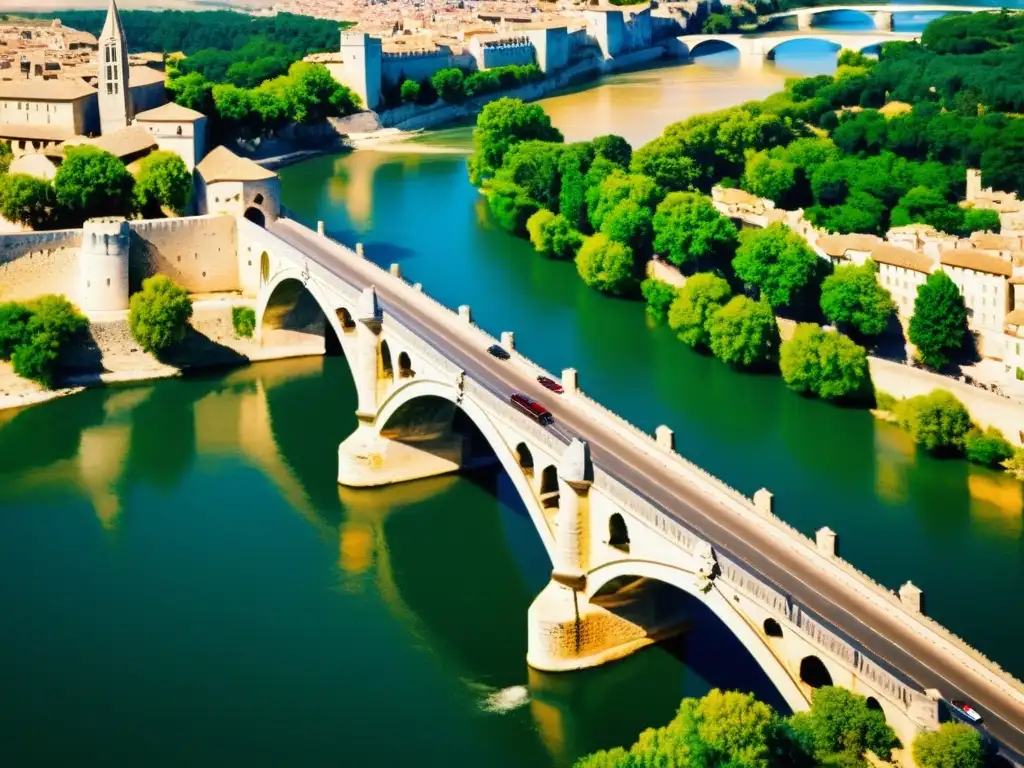 Vista majestuosa del Puente de Avignon, resaltando su arquitectura medieval y la belleza del paisaje