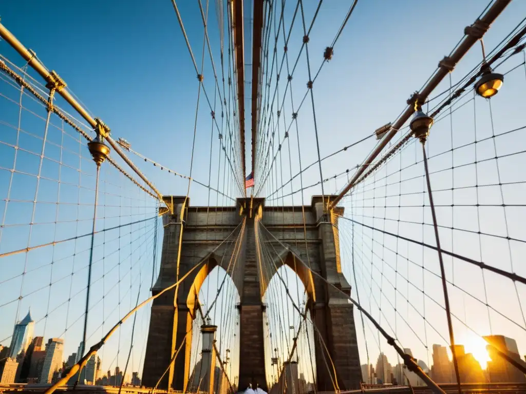 Vista majestuosa del puente de Brooklyn en Nueva York, bañado por la cálida luz del atardecer