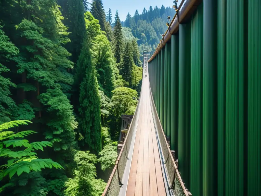 Vista majestuosa del Puente colgante Capilano en Vancouver, rodeado de exuberante vegetación y visitantes cruzando sobre el río azul