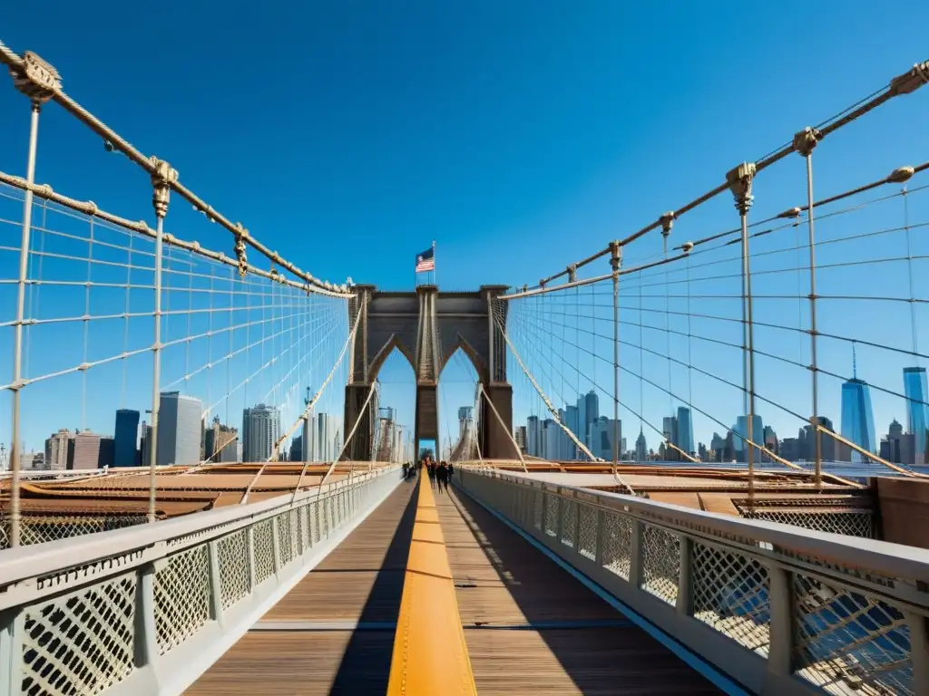 Vista en 3D del majestuoso Puente de Brooklyn, con detalles arquitectónicos, juego de luces y sombras, y el bullicio de la ciudad