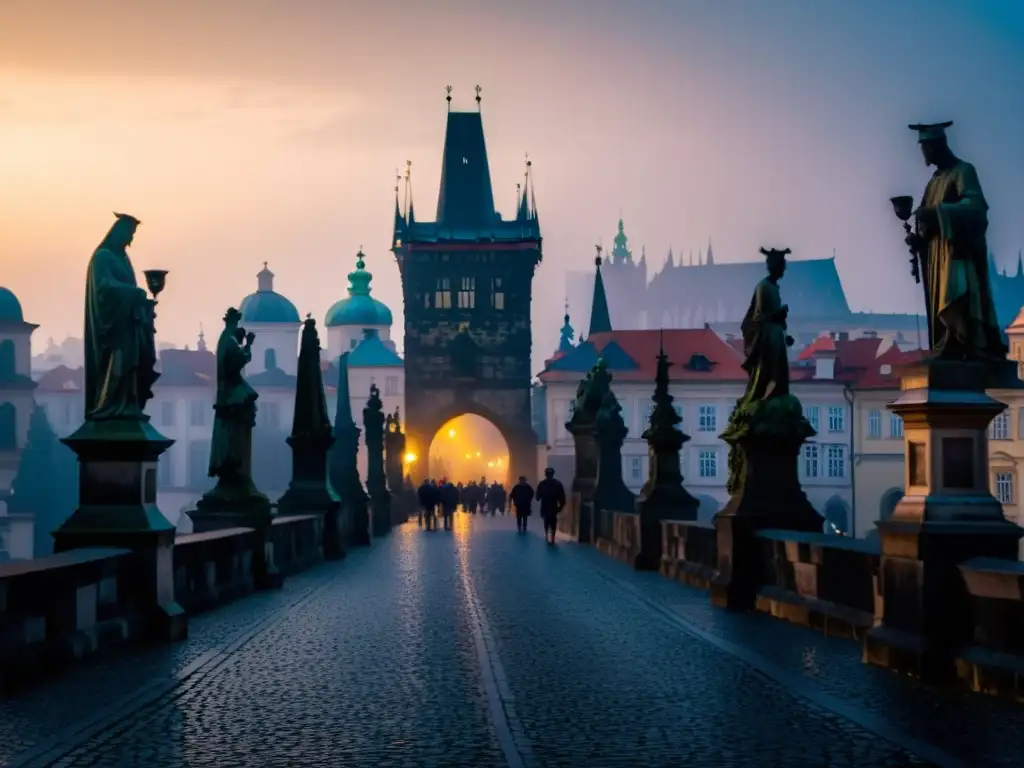 Vista misteriosa y encantada del antiguo Puente de Carlos en Praga, con figuras misteriosas entre la niebla y estatuas centenarias