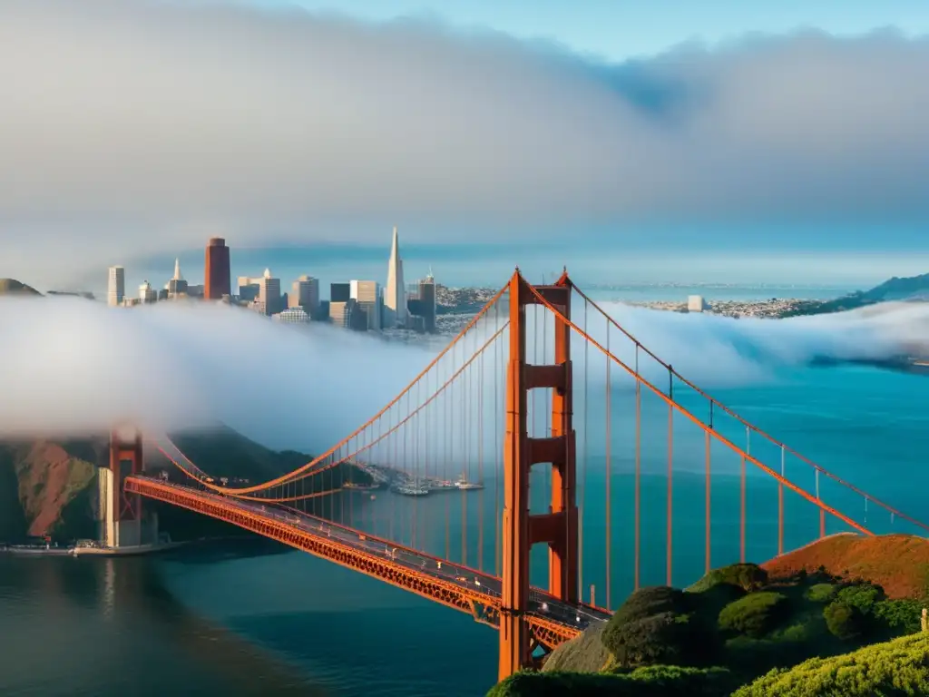 Vista nebulosa del icónico Puente Golden Gate en San Francisco, con la ciudad de fondo