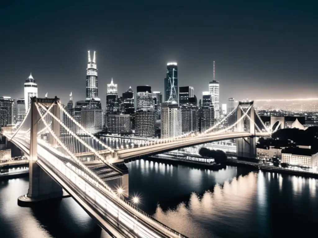 Vista nocturna de ciudad con puente iluminado y rascacielos