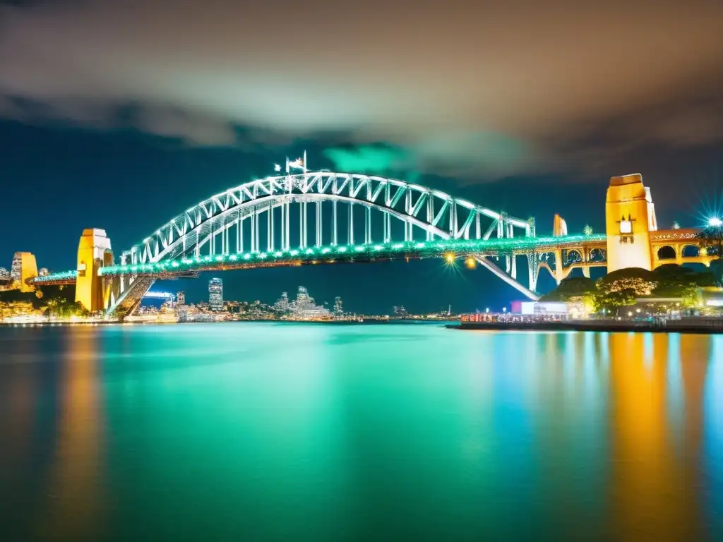 Vista nocturna del deslumbrante Puente de la Bahía de Sídney, resplandeciendo con luces vibrantes sobre las tranquilas aguas del puerto