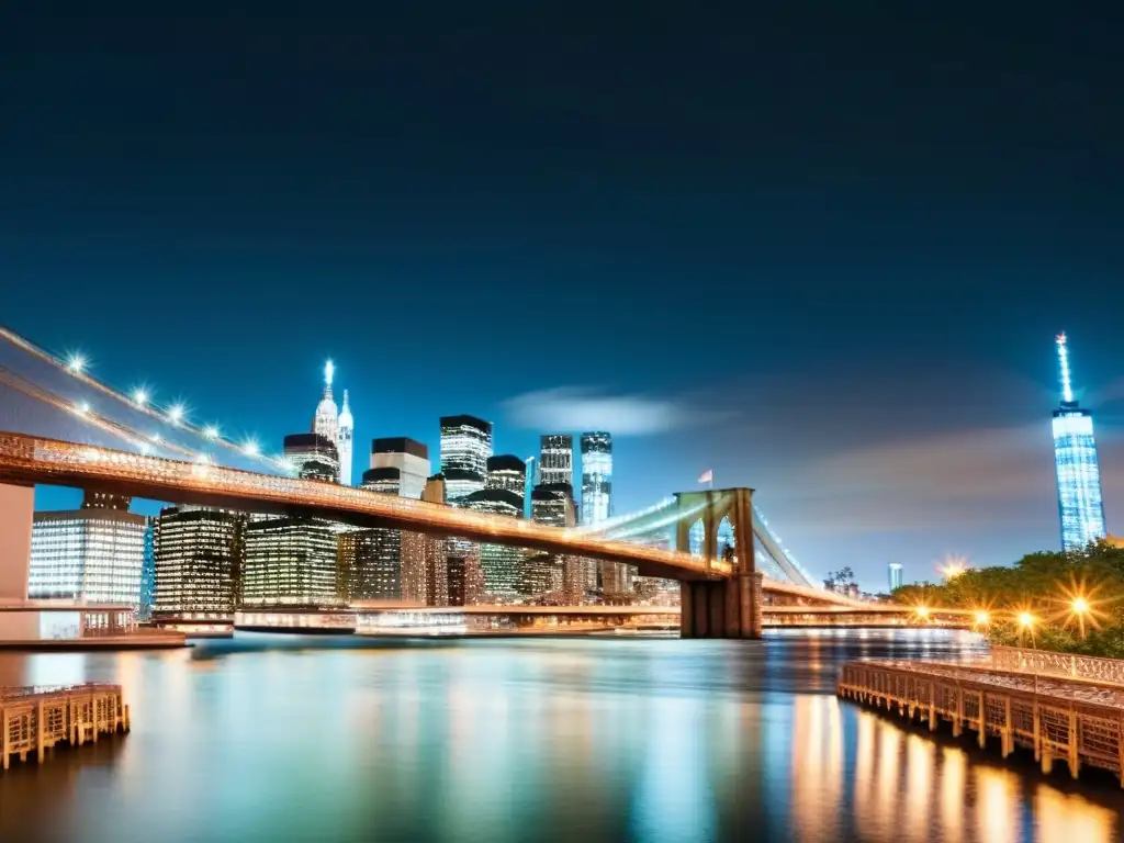 Vista nocturna detallada del Puente de Brooklyn con luces de la ciudad reflejadas en el agua