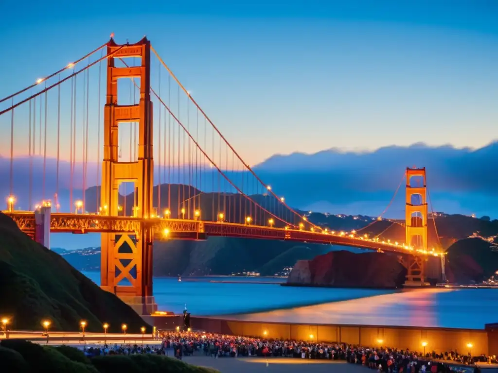 Vista nocturna del Puente Golden Gate en San Francisco durante un festival cultural