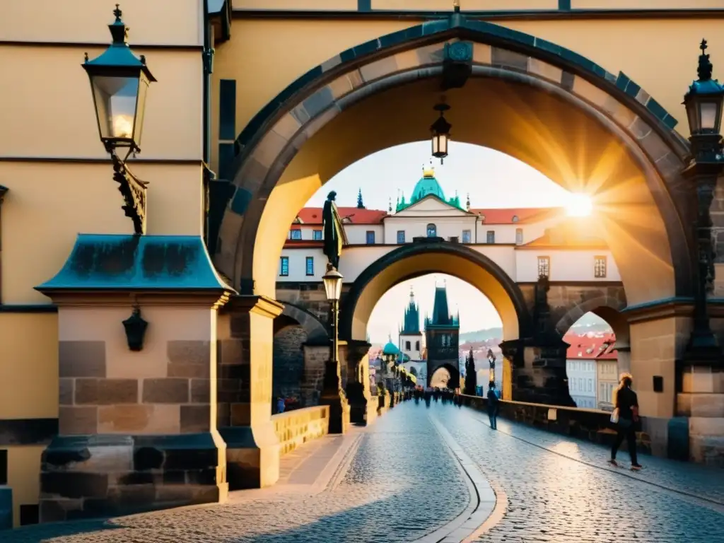 Esplendor eterno: Puente de Carlos en Praga Vista nocturna del histórico Puente Carlos en Praga, con un ambiente cálido y una mezcla de historia y vida urbana