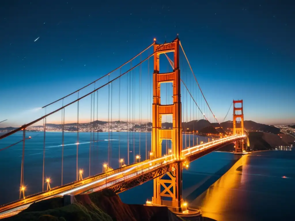 Vista nocturna del icónico Puente Golden Gate iluminado, resaltando su diseño arquitectónico con sistemas de iluminación innovadores