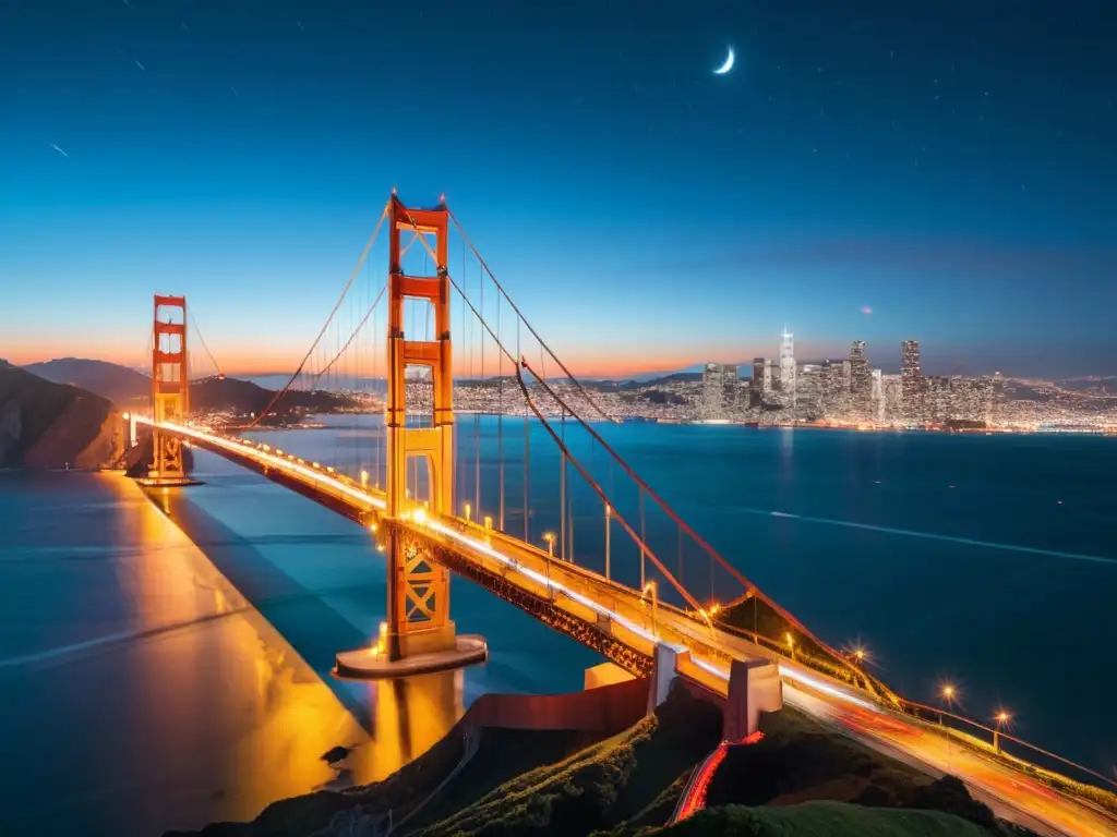 Vista nocturna del icónico Puente Golden Gate de San Francisco, resaltando su innovador sistema de iluminación y la hermosa ciudad en el fondo