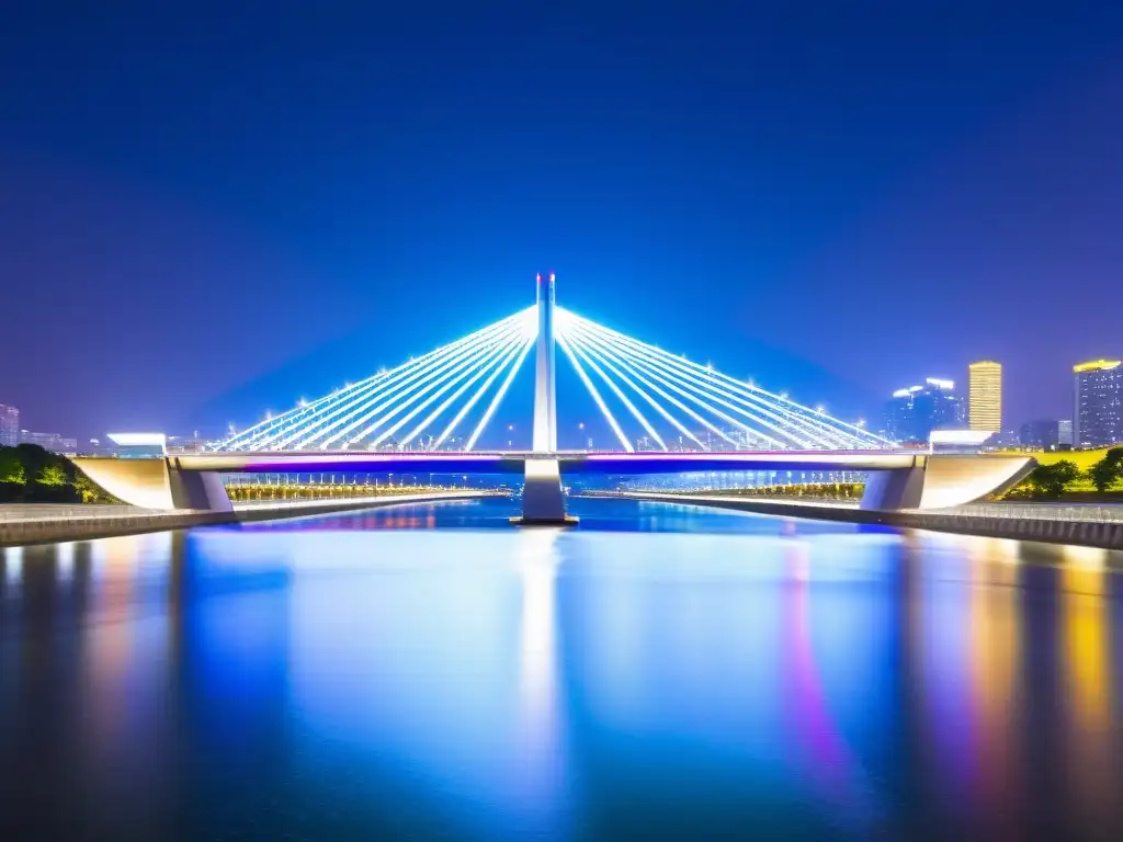 Vista nocturna del icónico Puente Banpo en Seúl, iluminado con colores vibrantes y espectáculo de luces LED, reflejándose en el agua