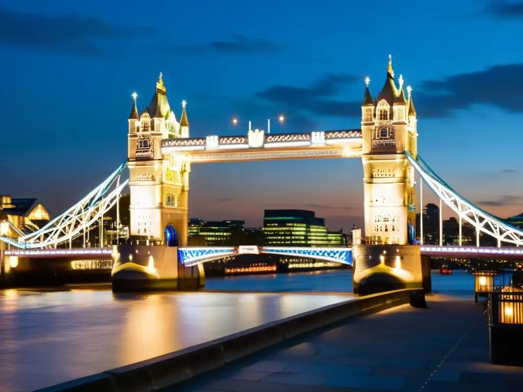 Vista nocturna del icónico Puente de la Torre en Londres, iluminado por luces cálidas con el río Támesis fluir debajo