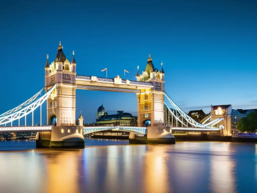 Vista nocturna del icónico Puente de la Torre en Londres con luces doradas reflejadas en el río Támesis