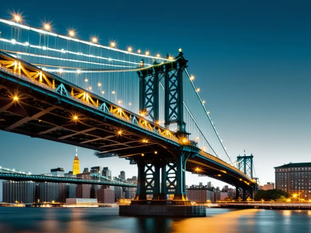 Vista nocturna del imponente Puente de Manhattan, destacando su historia y arquitectura en contraste con la moderna ciudad iluminada