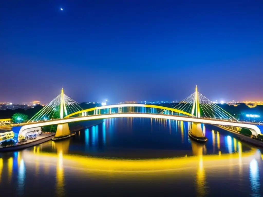 Vista nocturna del impresionante Puente de Can Tho Vietnam, con su elegante diseño curvo iluminado y reflejado en las tranquilas aguas del río Mekong