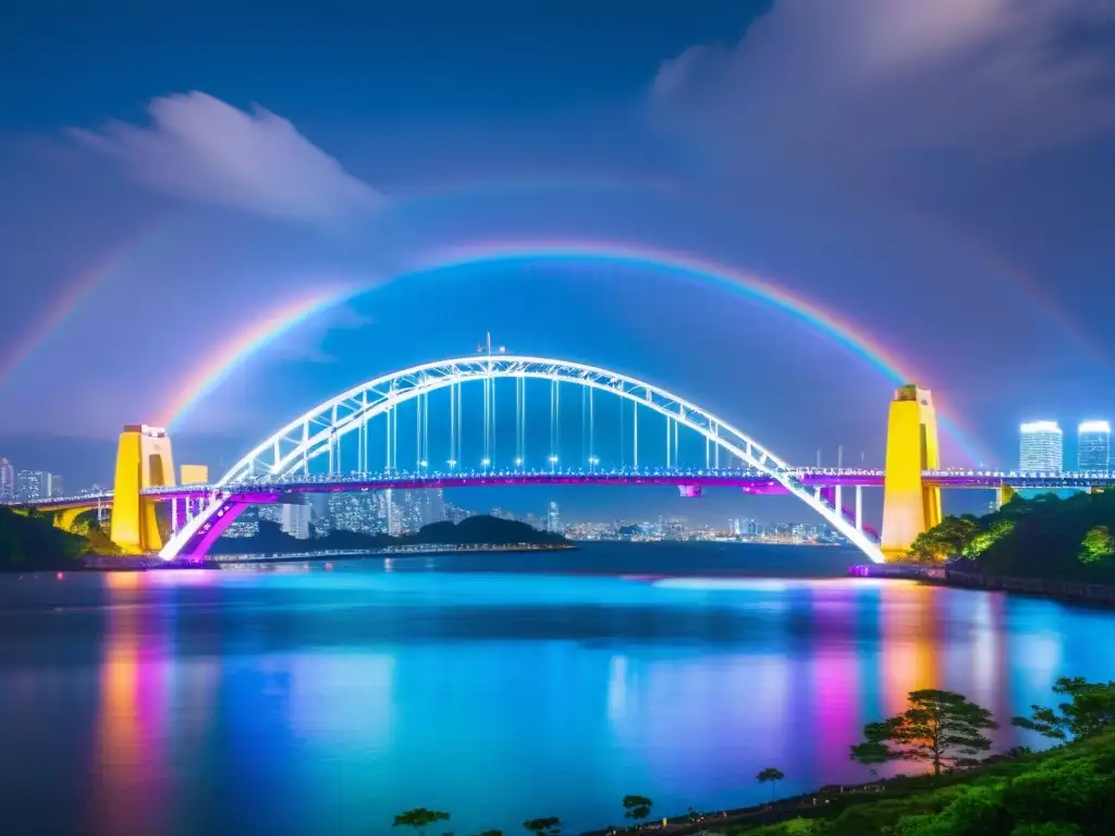 Vista nocturna impresionante del Puente Arcoíris en Tokio, iluminado y reflejado en el agua