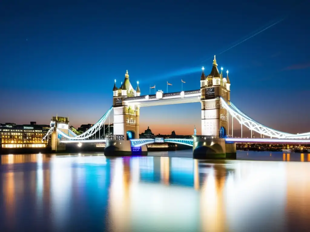 Vista nocturna impresionante del Puente de la Torre iluminado en Londres, reflejándose en el sereno río Támesis, destacando su diseño arquitectónico y la vibrante gama de colores