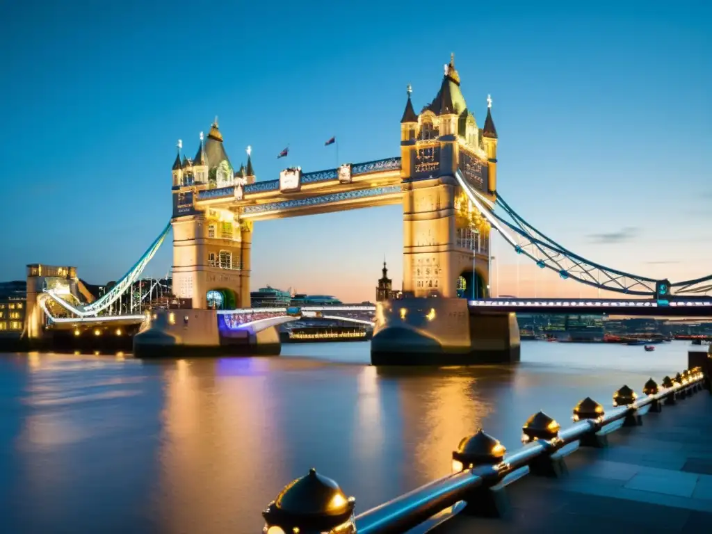 Vista nocturna de la icónica Tower Bridge de Londres con las luces reflejándose en el agua, mostrando su grandiosidad y significado histórico