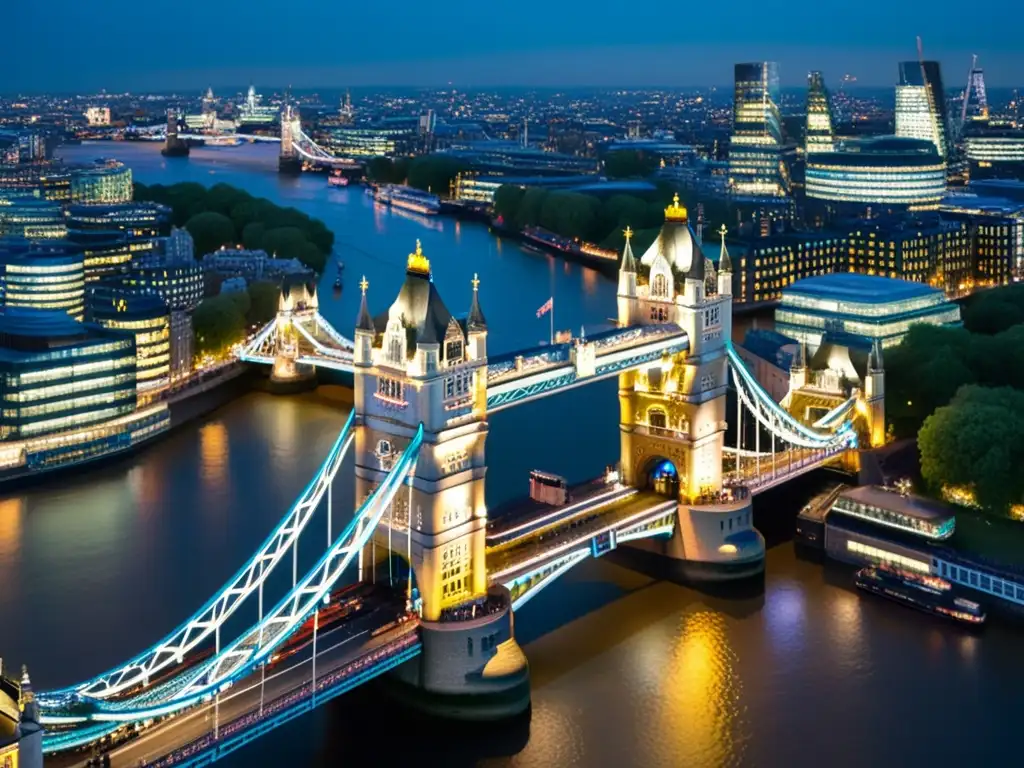 Vista nocturna de la majestuosa Tower Bridge en Londres, con el río Támesis y el skyline de la ciudad al fondo