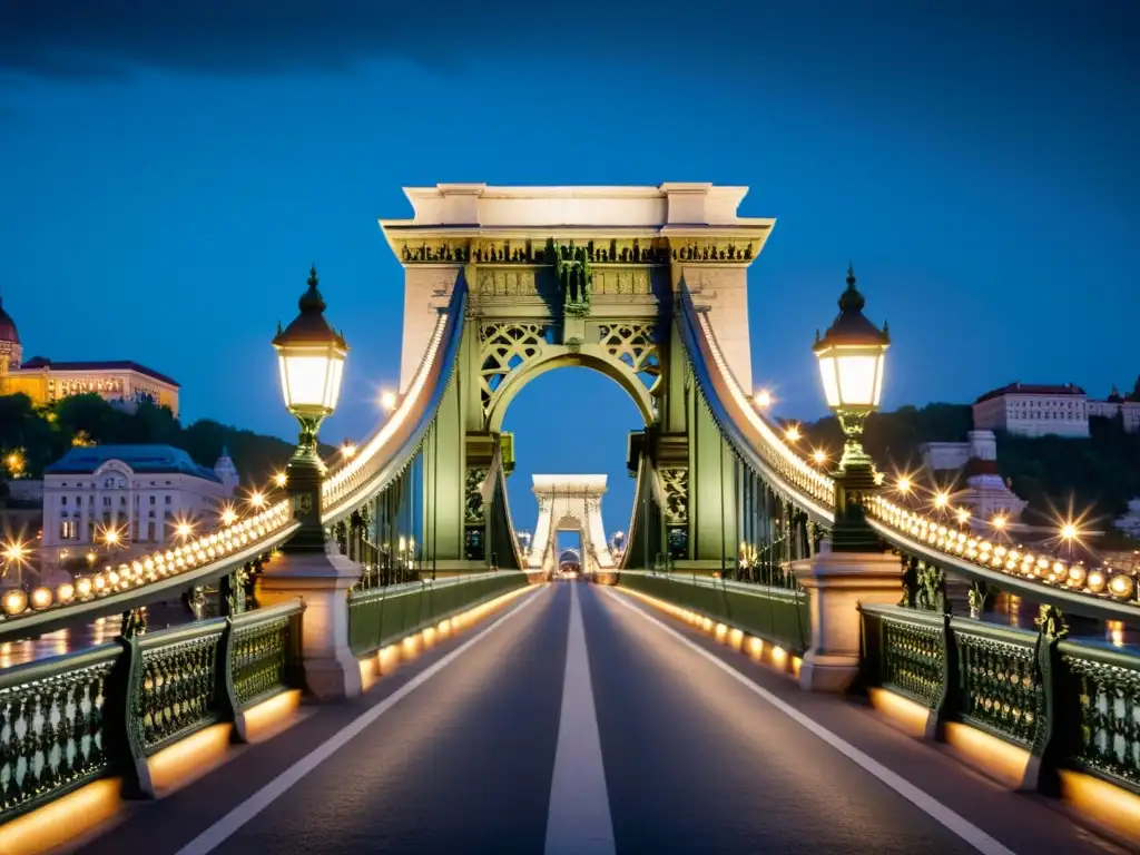 Vista nocturna del majestuoso Puente de las Cadenas en Budapest, iluminado por la suave luz de las farolas