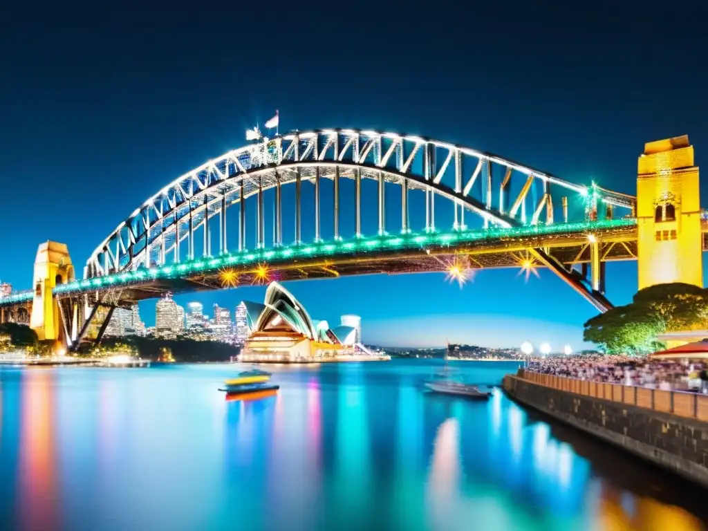 Vista nocturna del Puente Bahía Sídney iluminación, reflejando colores vibrantes en el agua, una exhibición de luz deslumbrante