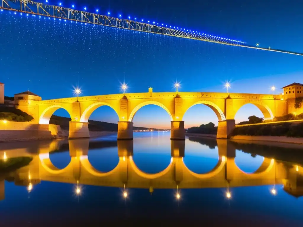 Vista nocturna del Puente de Alcántara iluminado sobre el río Tajo, con ambiente místico y estrellado