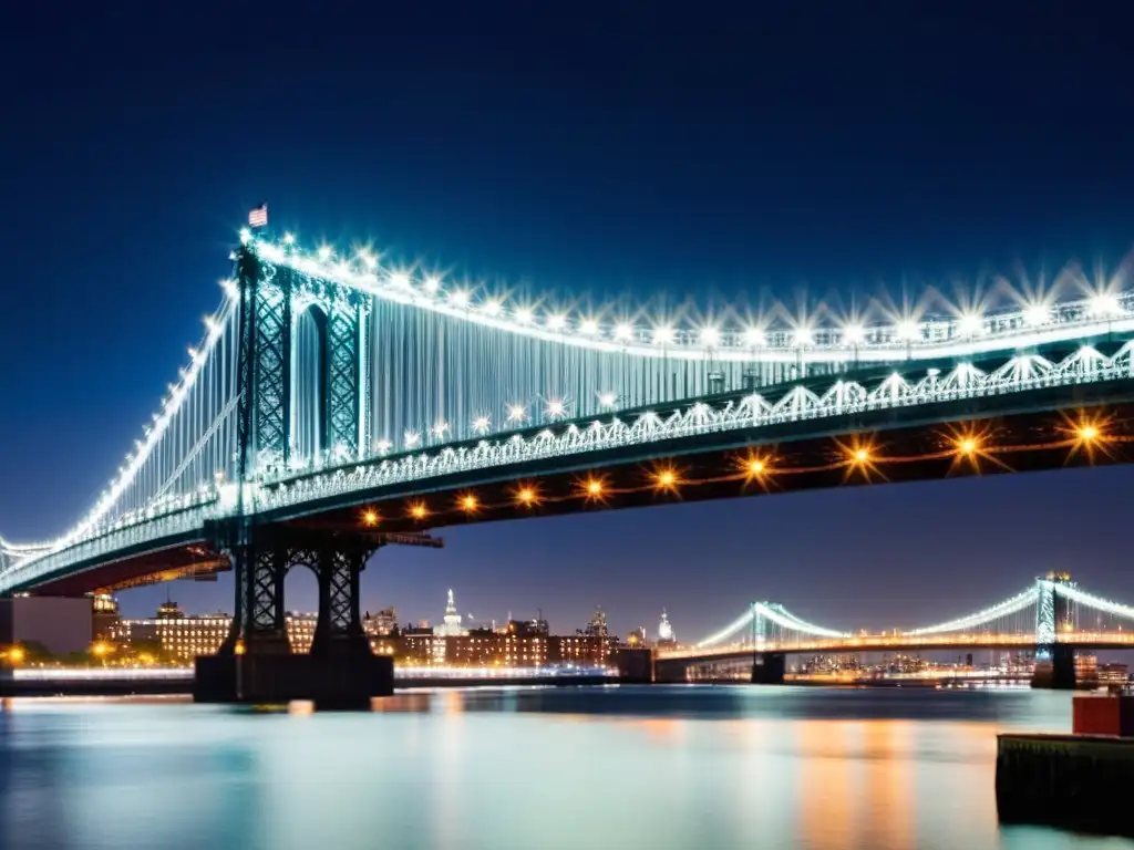 Vista nocturna del Puente Williamsburg iluminado, con el río y la ciudad brillando en la oscuridad