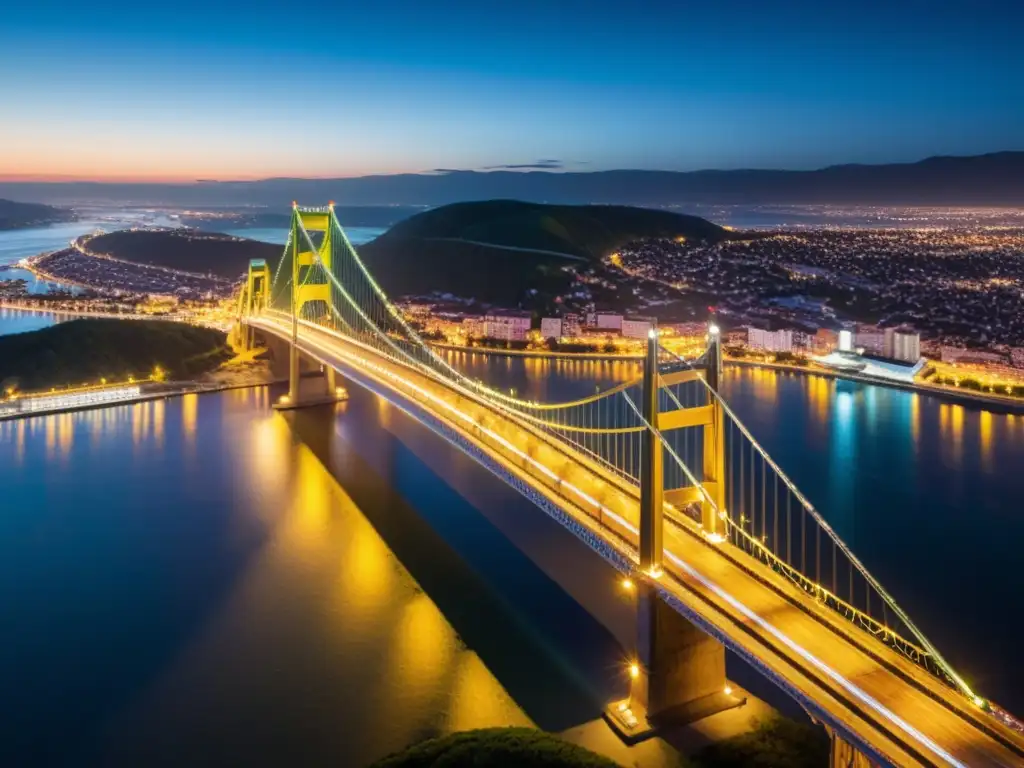 Vista nocturna de un puente iluminado con diseño amigable con el medio ambiente, reflejándose en el agua