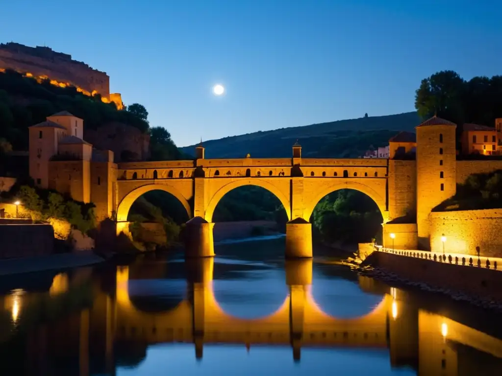 Vista nocturna del Puente de Alcántara con misteriosa atmósfera de rutas turísticas nocturnas Puente Alcántara