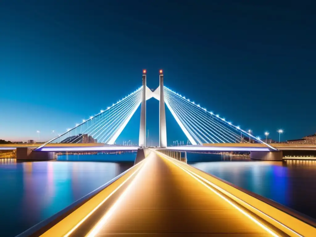 Vista nocturna de puente moderno con tecnologías de iluminación destacando su elegante diseño y creando un efecto visual deslumbrante