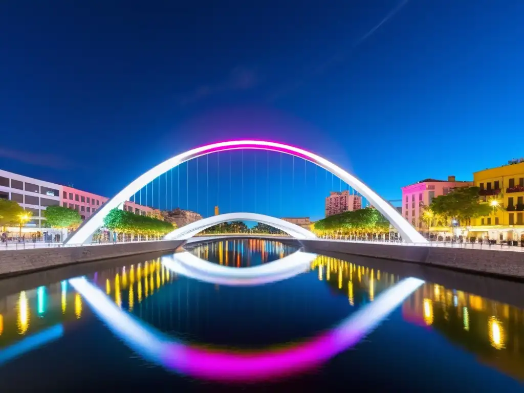 Vista nocturna del Puente de la Mujer iluminado, con la ciudad de fondo