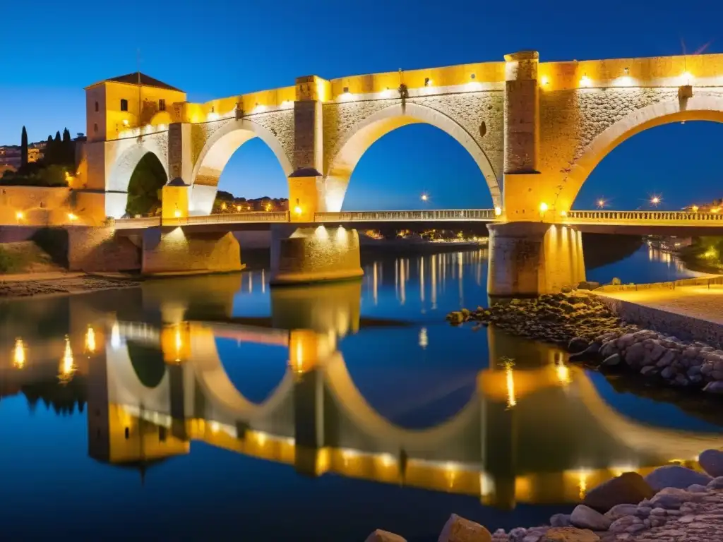 Vista nocturna del Puente de Alcántara sobre el río Tajo, destacando su belleza histórica y arquitectónica