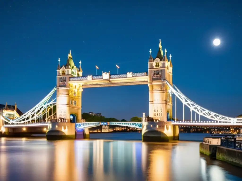 Vista nocturna del Puente de la Torre de Londres iluminado, ideal para observaciones astronómicas