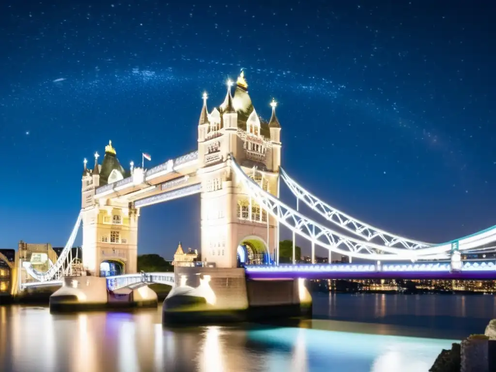 Vista nocturna del Puente de la Torre iluminado con estrellas brillantes en el cielo