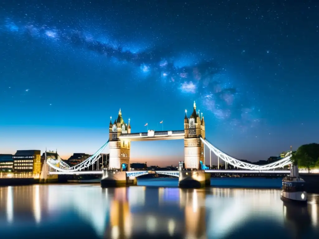 Vista nocturna del Puente de la Torre en Londres con observaciones astronómicas, mostrando la belleza del cielo estrellado sobre el emblemático puente