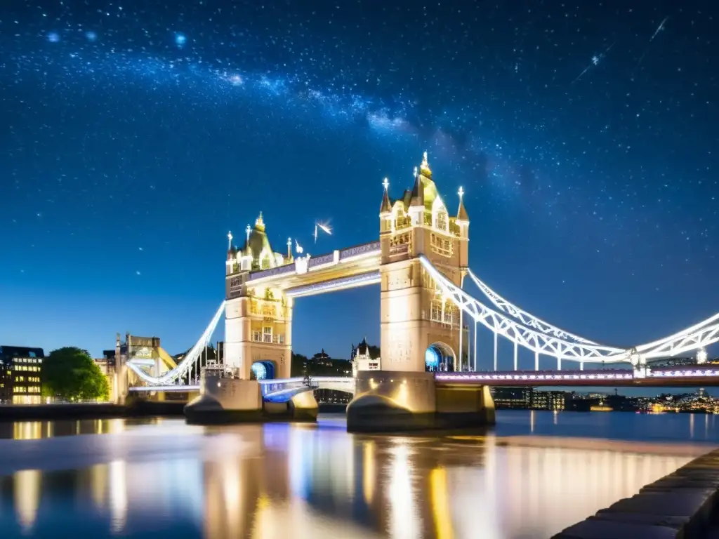 Vista nocturna del Puente de la Torre de Londres, iluminado con luces doradas, con constelaciones y estrellas sobre él