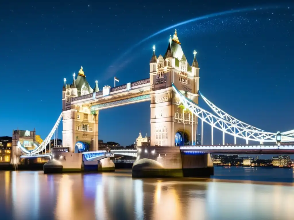 Vista nocturna del Puente de la Torre de Londres con observaciones astronómicas, reflejadas en el río Támesis