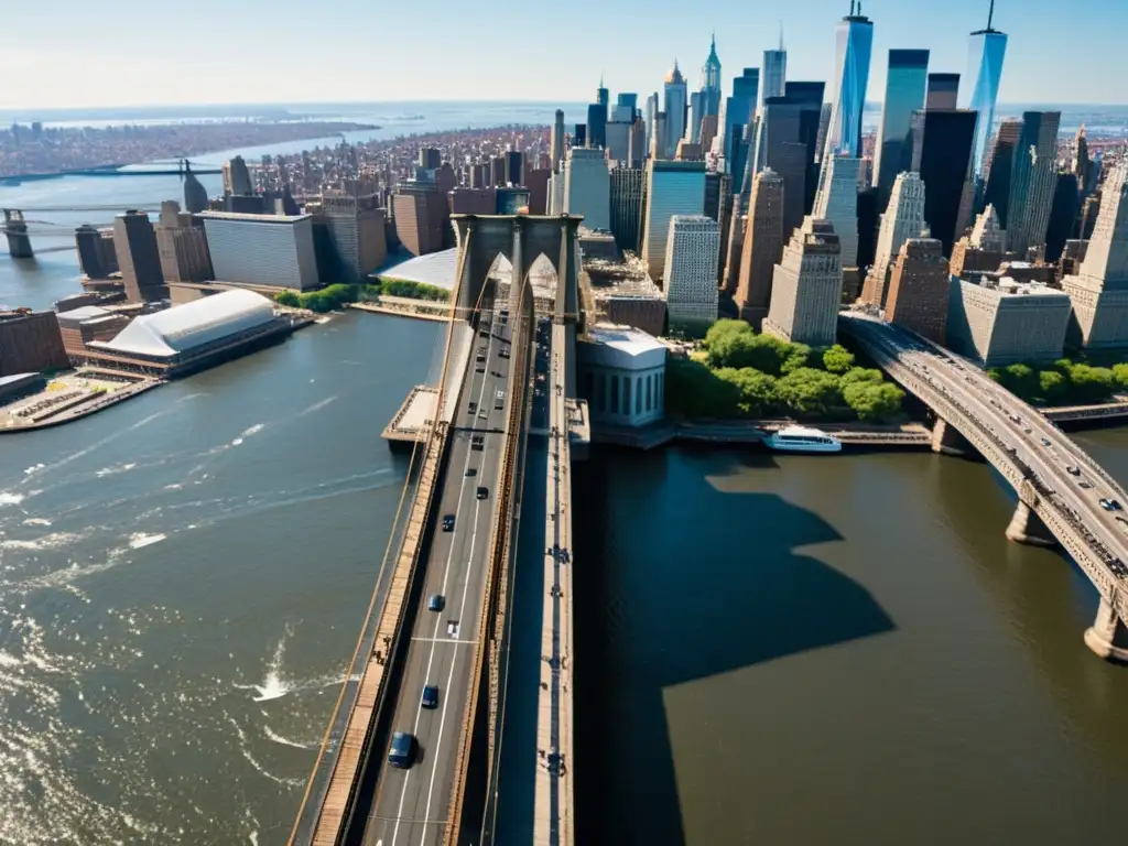 A vista de pájaro del Puente de Brooklyn en Nueva York, con sus cables de acero, torres de piedra y la animada ciudad de fondo