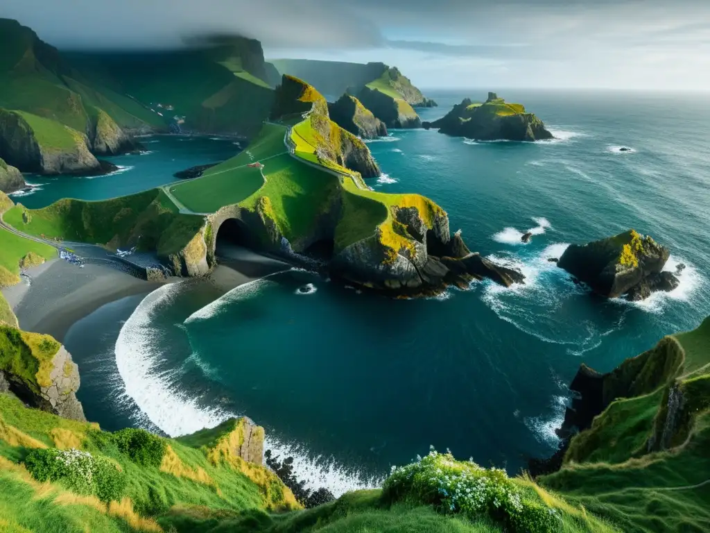 Vista panorámica de la accidentada costa de Gaztelugatxe, con el icónico Puente de San Juan de Gaztelugatxe en la distancia, en medio de un ambiente místico y legendario