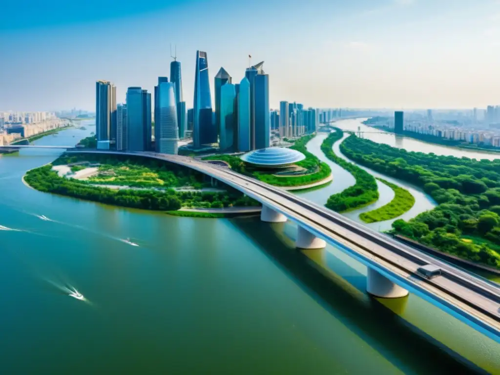 Vista panorámica de ciudad moderna con puente innovador, solar y vegetación