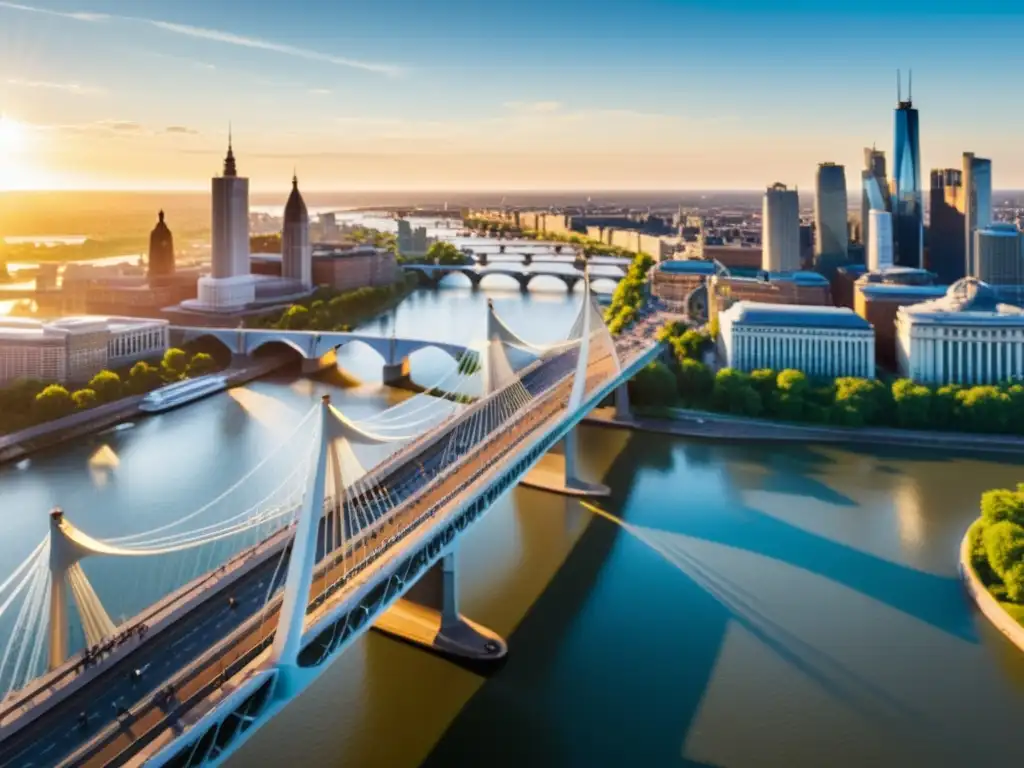 Vista panorámica de la ciudad con puentes y río brillante, donde la ingeniería de puentes inspira eventos artísticos