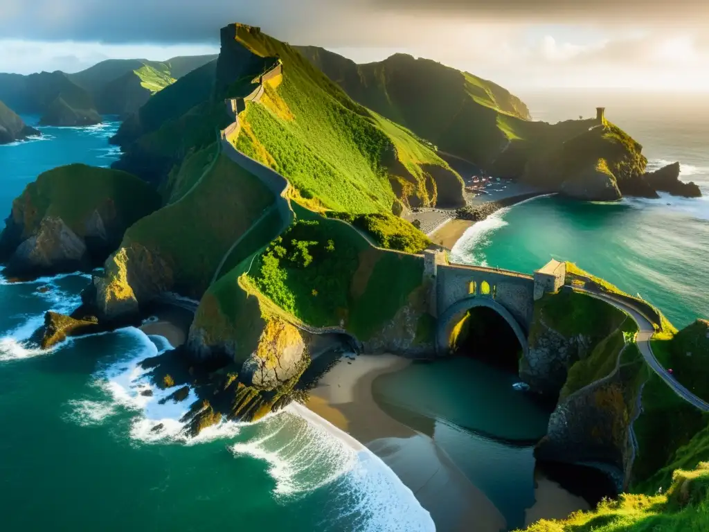 Vista panorámica de la costa escarpada y el Puente de San Juan de Gaztelugatxe, con visitantes ascendiendo la escalera hacia la isla