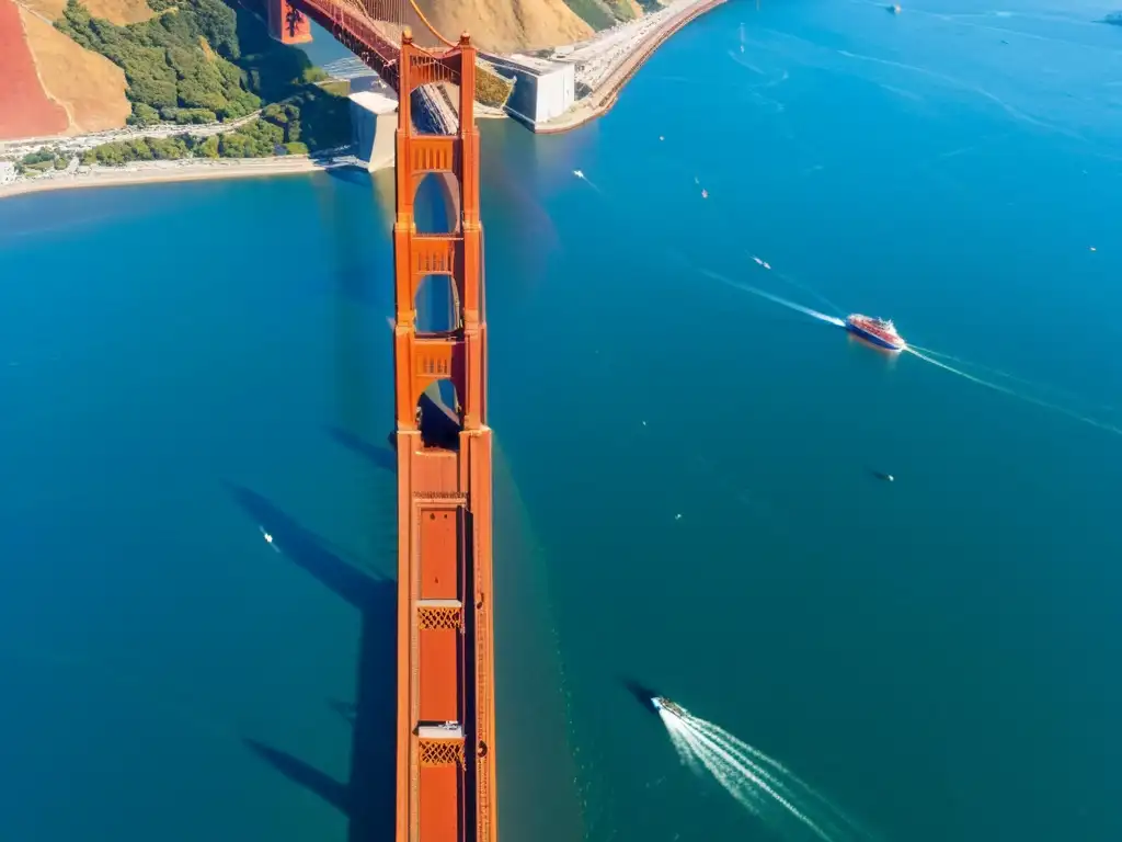 Vista panorámica detallada del icónico puente Golden Gate, con drones en función de vigilancia y mantenimiento