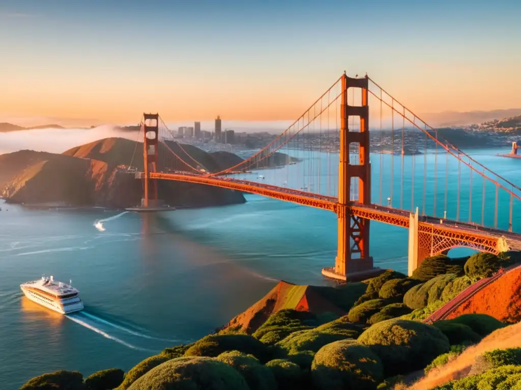 Vista panorámica del icónico Puente Golden Gate en San Francisco, abarcando la bahía brumosa durante la hora dorada