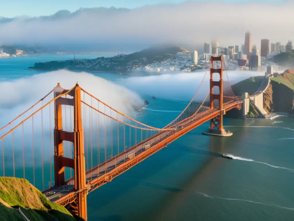 Vista panorámica del icónico puente Golden Gate en San Francisco, envuelto en la neblina matutina