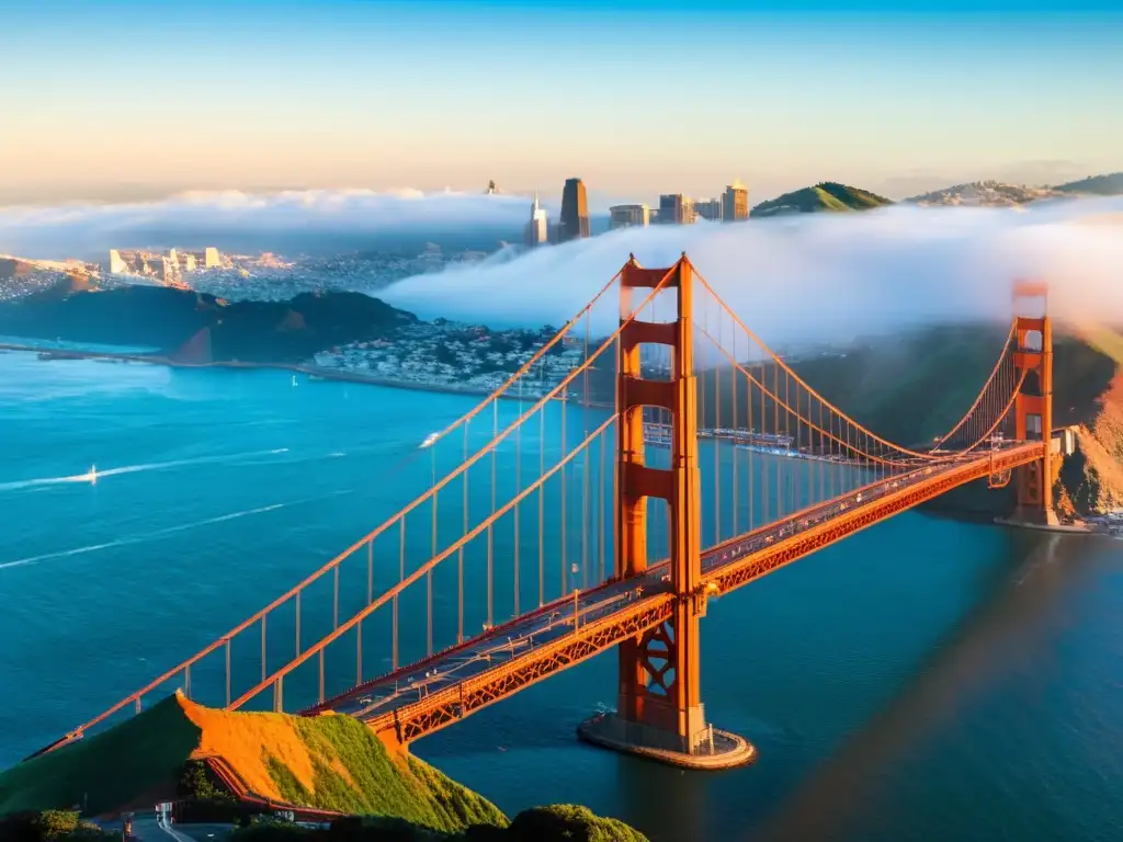 Vista panorámica del icónico Puente Golden Gate en San Francisco, con la integración paisajística de la ciudad y las colinas de Marin